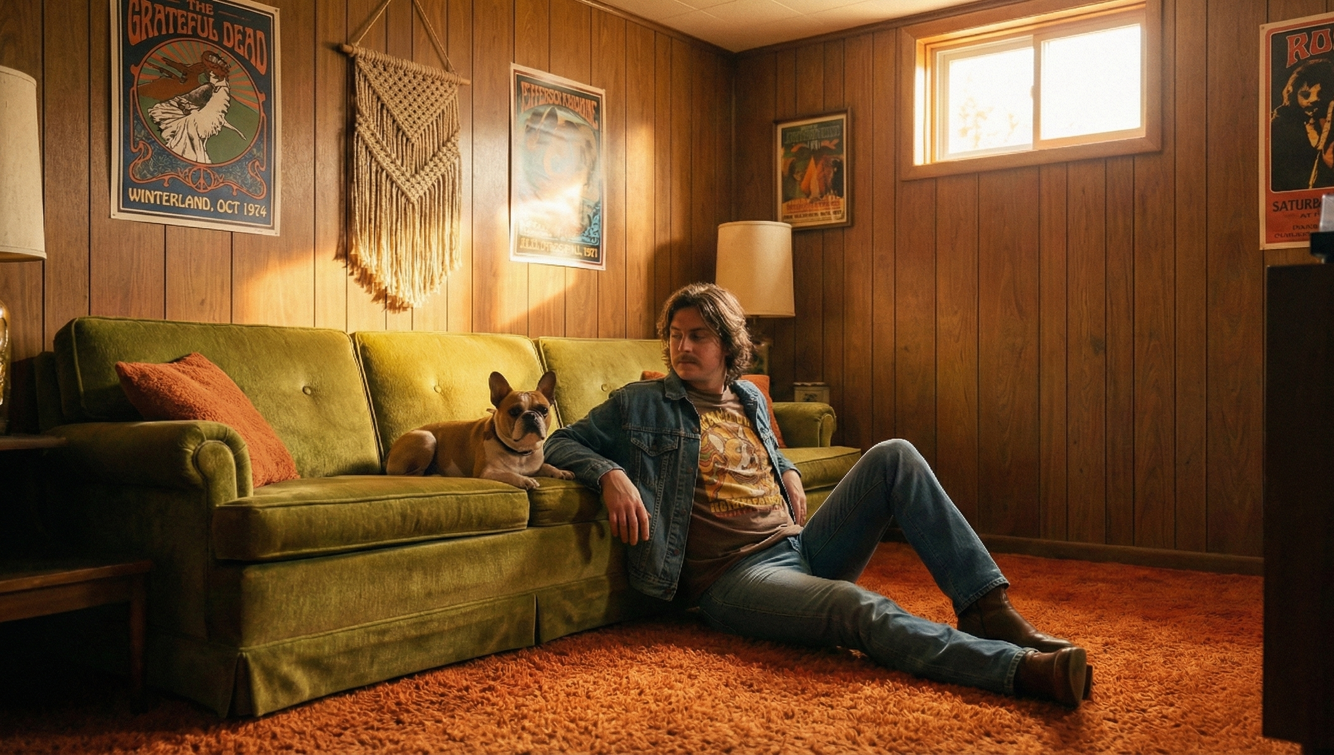 Person sitting on a green couch with a dog in a room with wooden paneling and posters.