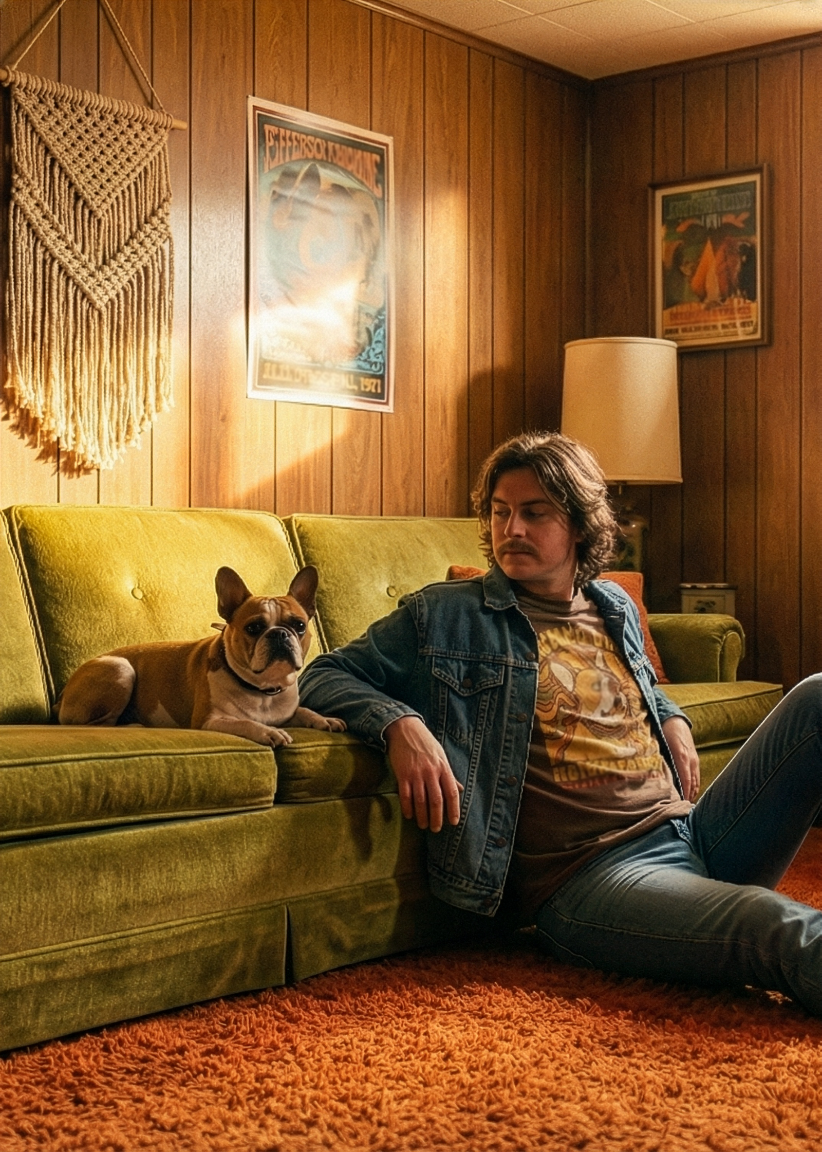 Man sitting on a green couch with a dog, in a room with wooden walls and decor.